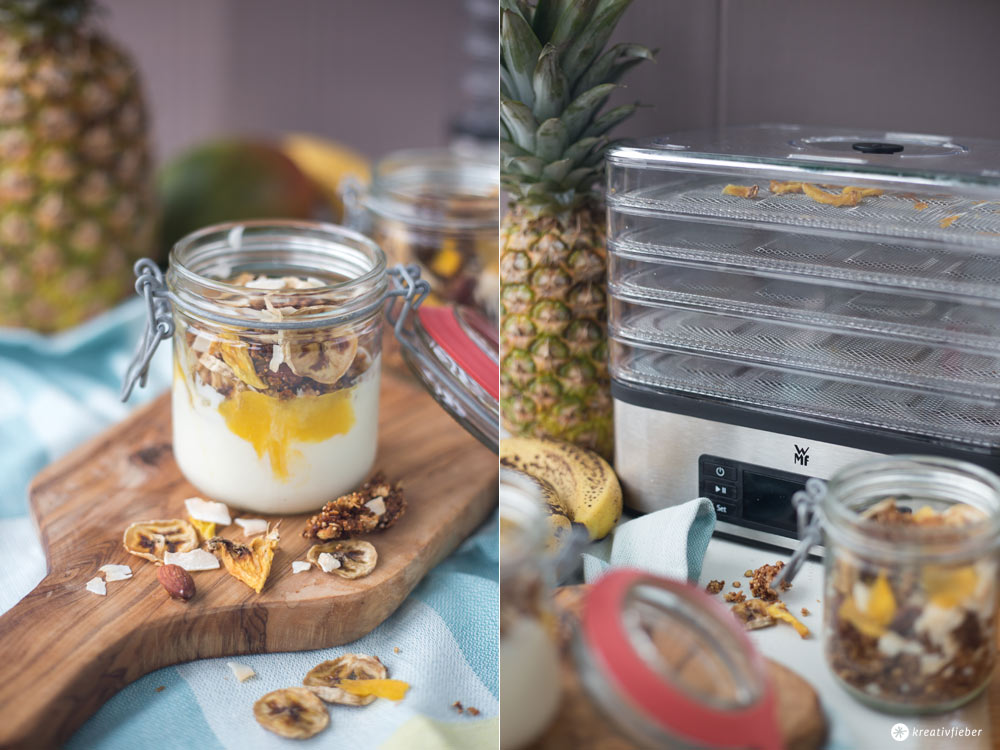 Tropical Granola mit Dörrobst - leckeres Frühstücksrezept - Granola selbermachen mit Kokos, Mango und Ananas